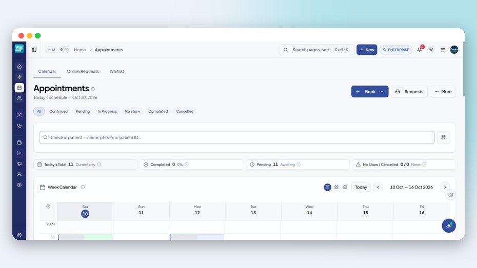Dentospire appointments: check-in search, status filters and week calendar